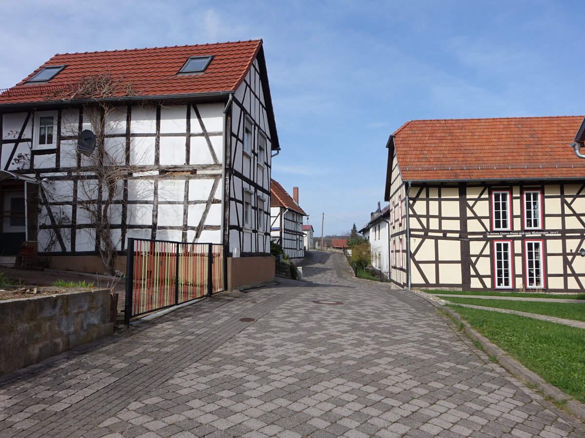 Schnellmannshausen, Fachwerkhuser in der Strae der Einheit (17.03.2024)