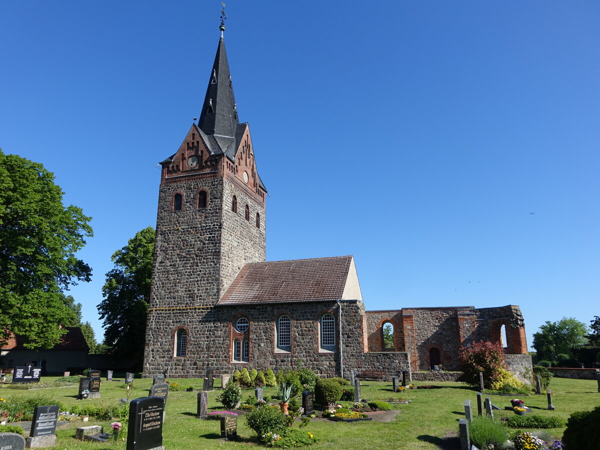 Sch�nfeld, evangelische Kirche, Feldsteinkirche mit Westquerturm, erbaut im 13. Jahrhundert (25.05.2026)