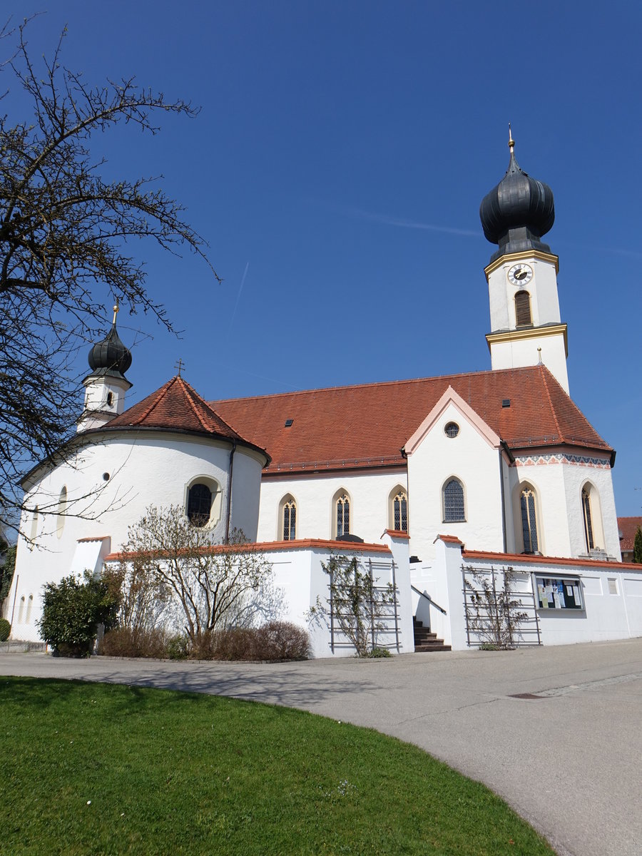 Schonstett, kath. Pfarrkirche St. Johann Baptist, Saalbau mit eingezogenem Chor und Nordturm mit Zwiebel, Chor sptgotisch, Umgestaltung 1756, Langhaus im 19. Jahrhundert erweitert (02.04.2017)