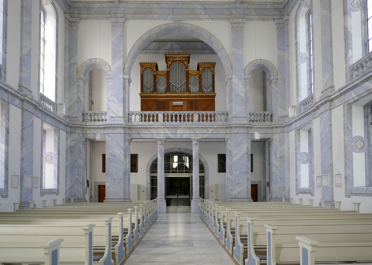Schuttern, Blick zur Orgelempore in der kath.Pfarrkirche, April 2020