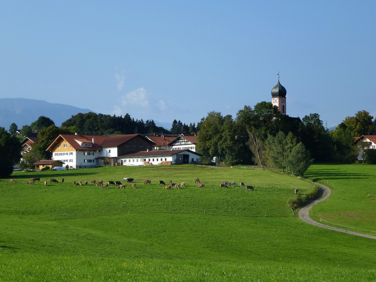 Segg im Ostallgu, Blick auf den Luftkurort mit der Pfarrkirche St.Ulrich, gehrt zu den bedeutensden Rokokokirchen in Bayern, Sept.2014