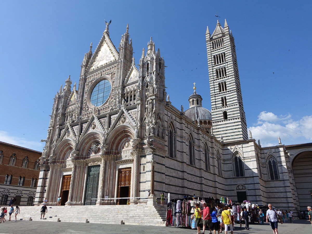 Siena, Cattedrale Metropolitana di Santa Maria Assunta, gotischen Gewlbe im Langhaus und das mehrschiffige Querhaus erbaut 1260, Campanile 14. Jahrhundert (17.06.2019)