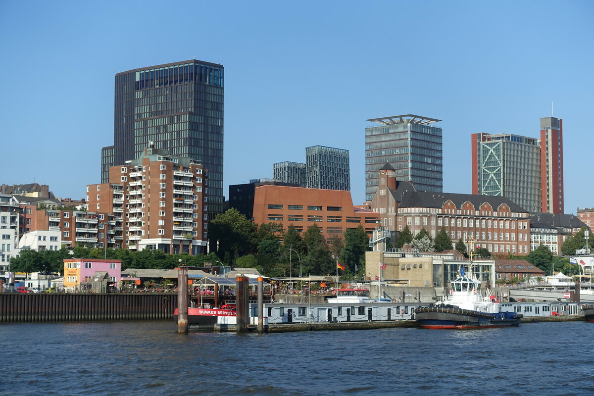 Skyline von Hamburg-St. Pauli am 3.9.2021: von links nach rechts sind es die hohen Huser: „Empire Riverside Hotel“, die „Tanzenden Trme“, der „Astra Turm“, das Brogebude „Atlantic-Haus“, in der vorderen Reihe das „Bernhard-Nocht-Institut fr Tropenmedizin“ und das „Bundesamt fr Seeschifffahrt und Hydrografie“ (BSH) /