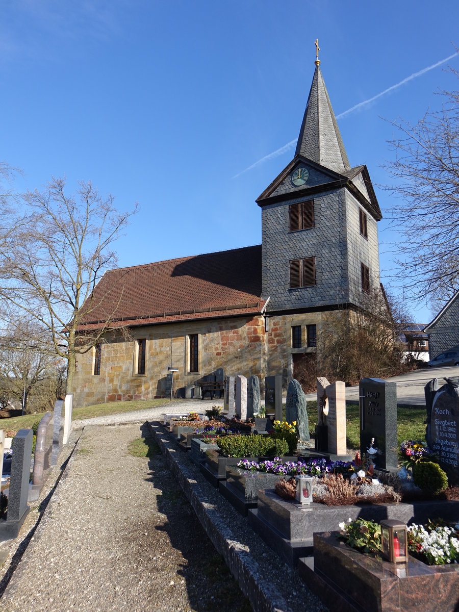 Sonnefeld, Evangelisch-lutherische Friedhofskirche St. Moritz, Chorturmkirche, erbaut 1654 (07.04.2018)