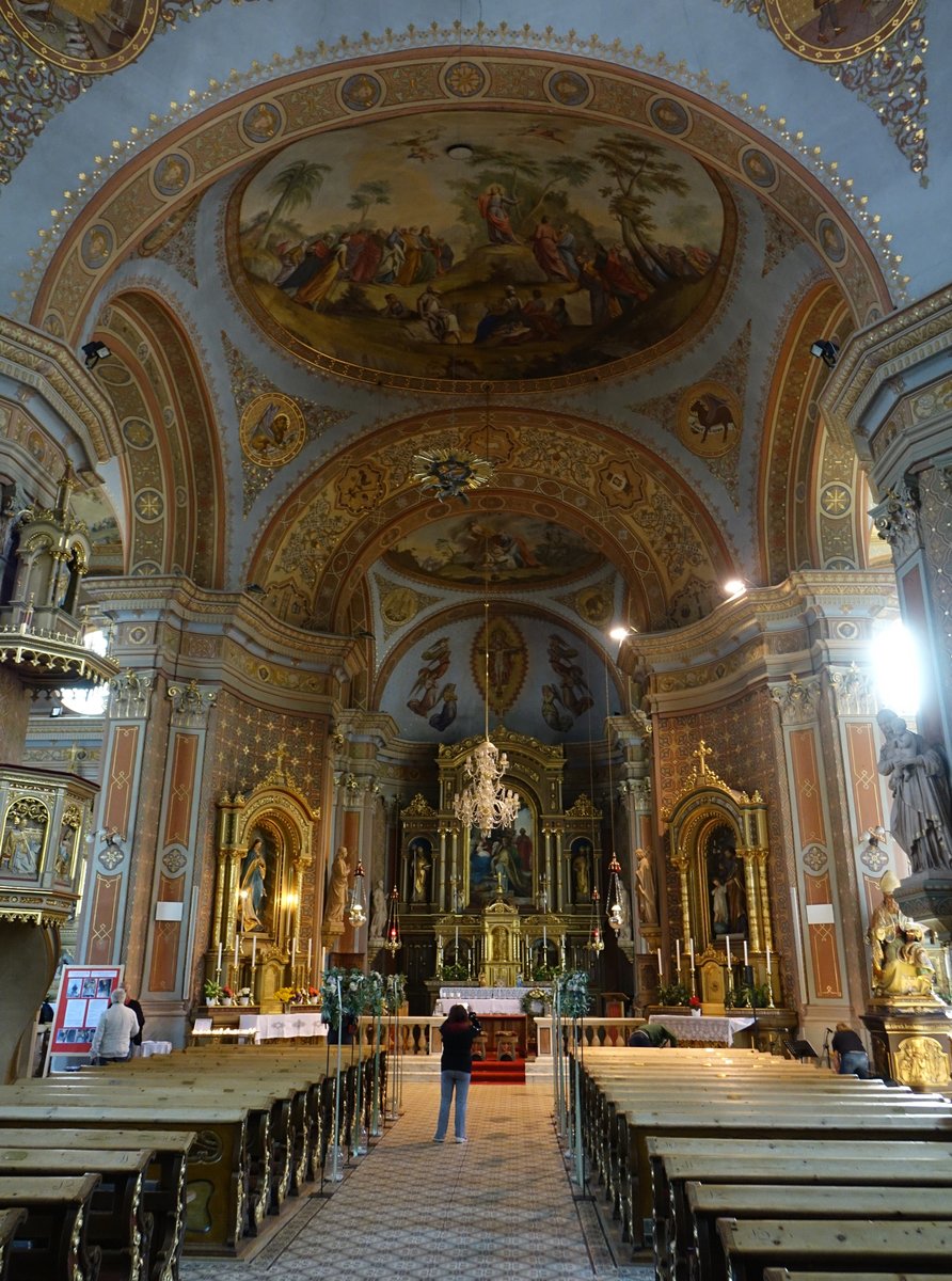 St. Ulrich in Grden, Pfarrkirche St. Ulrich, erbaut von 1792 bis 1796, Fresken von Franz Xaver Kirchebner (14.09.2019)