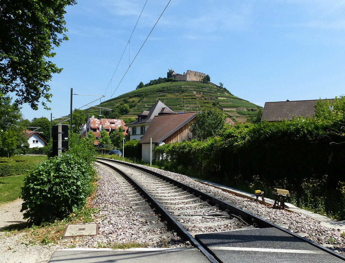 Staufen im Breisgau, Blick vom Bahnbergang an der Neumagenstrae zum Schloberg, Juni 2014
