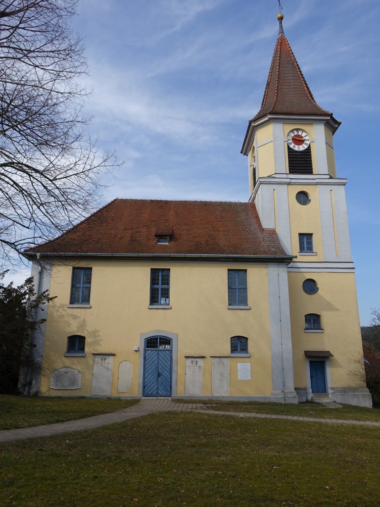 Steinhart, Ev. St. Peter und Paul Kirche, Chorturmkirche, Turmunterbau 14. Jahrhundert, Kirchenschiff und Turmoktogon erbaut 1752 durch Johann David Steingruber (18.03.2015)