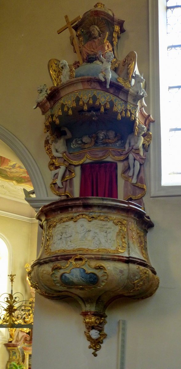 St.Mrgen, die barocke Kanzel in der Kirche Mari Himmelfahrt, Juli 2015