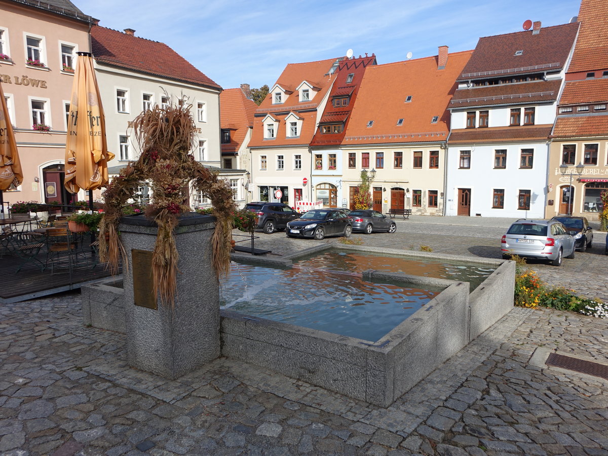 Stolpen, Brunnen und Gebäude am Marktplatz (04.10.2020)
