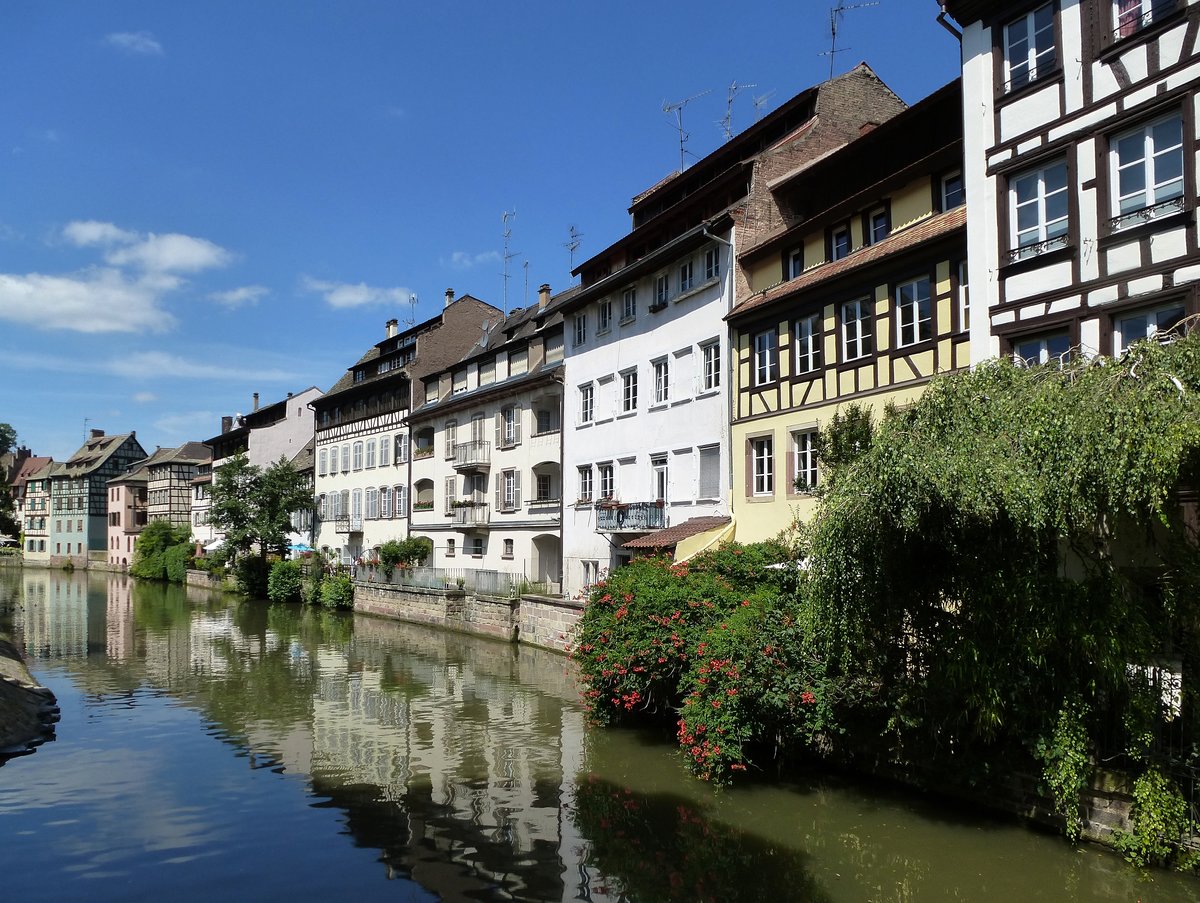 Straburg, Fachwerkbauten aus dem 16. und 17.Jahrhundert an der Ill im Gerber-und Mllerviertel (Petite France), Juli 2016