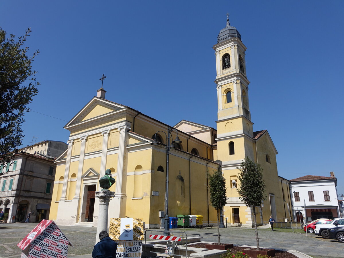 Suzzara, Pfarrkirche der Unbefleckten Empfngnis der Heiligen Jungfrau Maria, erbaut von 1853 bis 1863 durch den Architekten Antonio Arrivabene (12.04.2024)