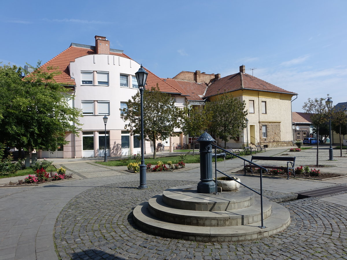 Sziksz, Brunnen und Schule am Kalvin Ter Platz (05.09.2018)