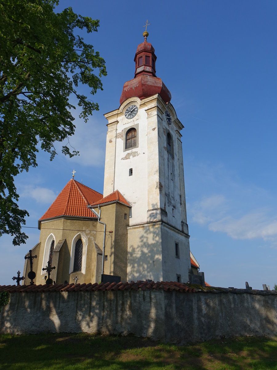 Tnec u Janovic nad hlavou, Pfarrkirche Maria Himmelfahrt, erbaut im 14. Jahrhundert, Kirchturm von 1660 (25.05.2019)