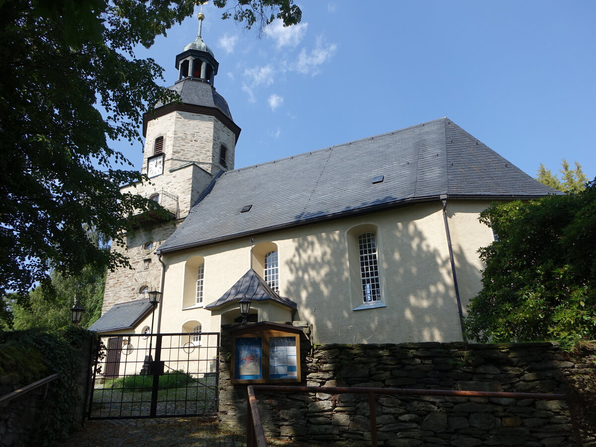 Tannenberg, evangelische St. Christophorus Kirche, sptgotische Saalkirche aus dem 16. Jahrhundert (20.08.2023)