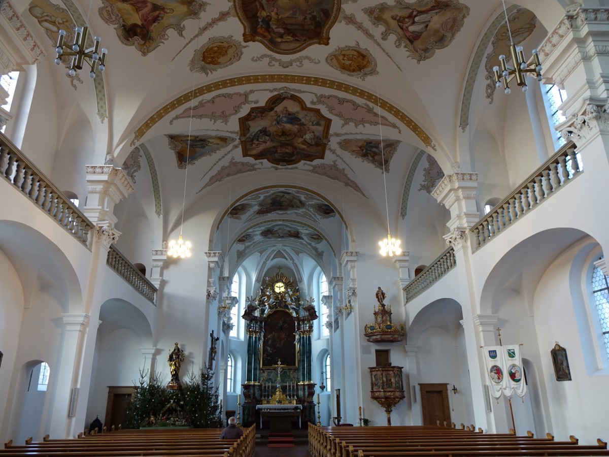 Tannheim, Pfarrkirche St. Martin, Fresken von Chrysostomus Forchner, Hochaltarbild von Johann Georg Bergmller (29.01.2016)