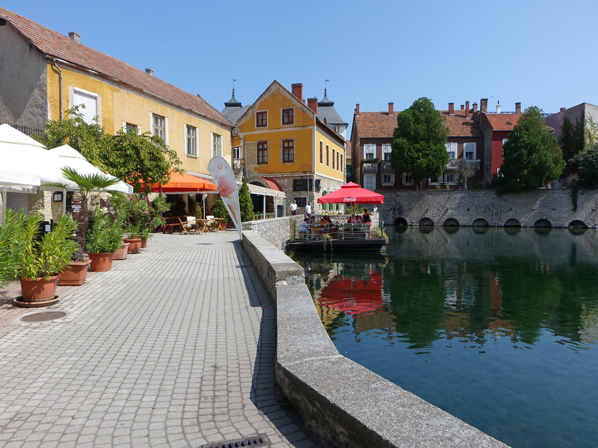 Tapolca, Huser am Janos Batsanyi Ter am Dorfweiher (28.08.2018)