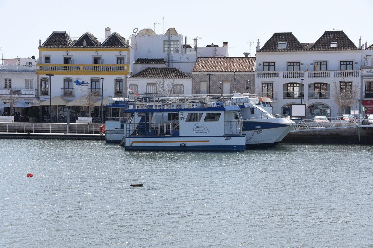 TAVIRA, 19.03.2022, Blick auf die Huserreihe in der Rua Jos Pires Padinha mit davorliegenden Fahrgastschiffen