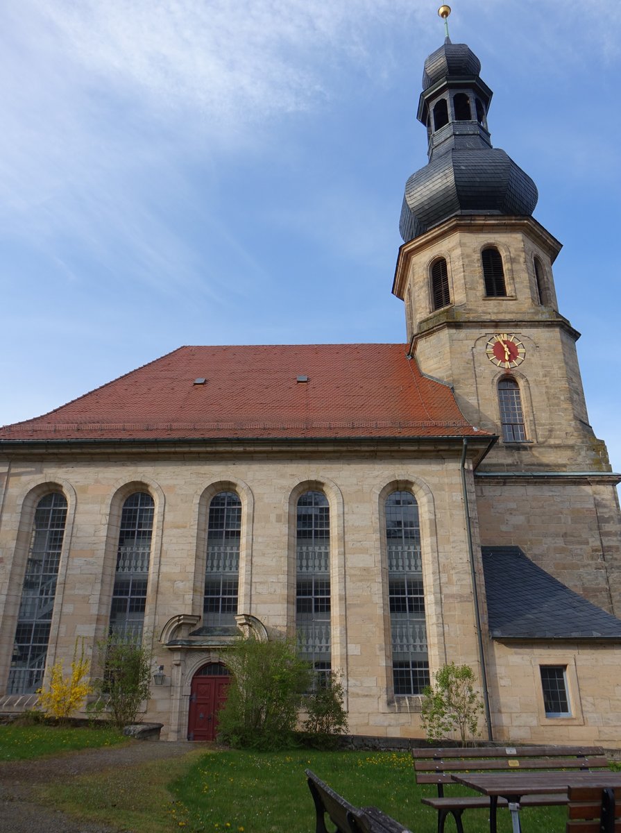 Trebgast, Ev. St. Johannes Kirche, Saalkirche mit Chorturm, erbaut von 1742 bis 1744 von Johann Matthus Grf (16.04.2017)