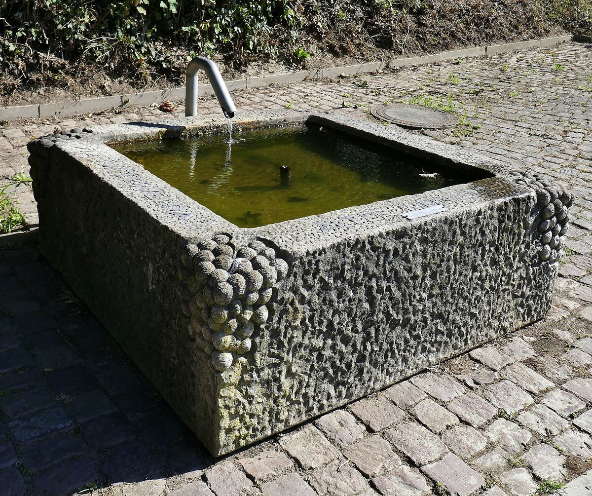 Tutschfelden, OT von Herbolzheim, Brunnen in den Weinbergen nahe dem Ort, die Aufschrift auf dem Brunnenrand lautet :  Alter Weinort -972 Tuttesvelda - 1972 Tutschfelden , Aug.2022