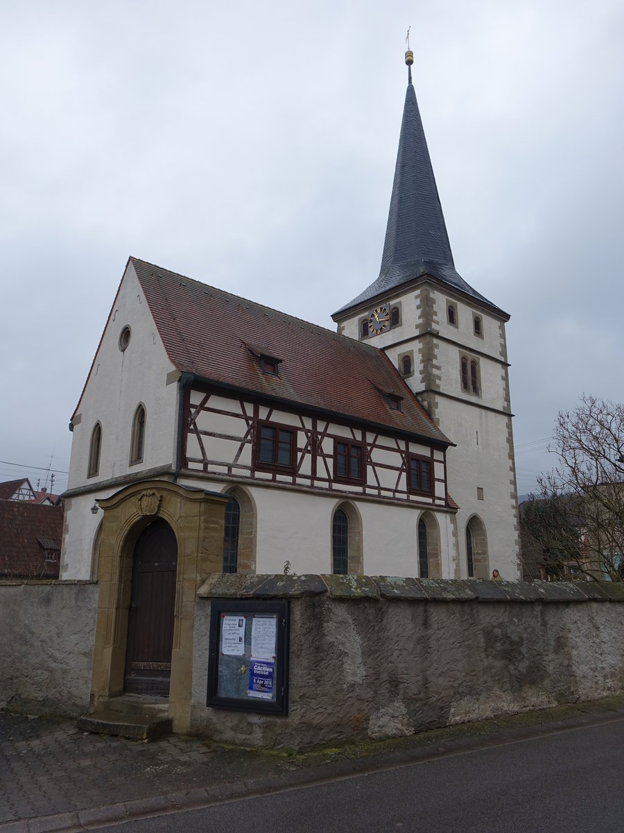 Unfinden, Ev. St. Bonifatius Kirche, Saalbau mit Satteldach und Fachwerkobergeschoss, Chorturm mit Spitzhelm, erbaut ab 1567 (25.03.2016)