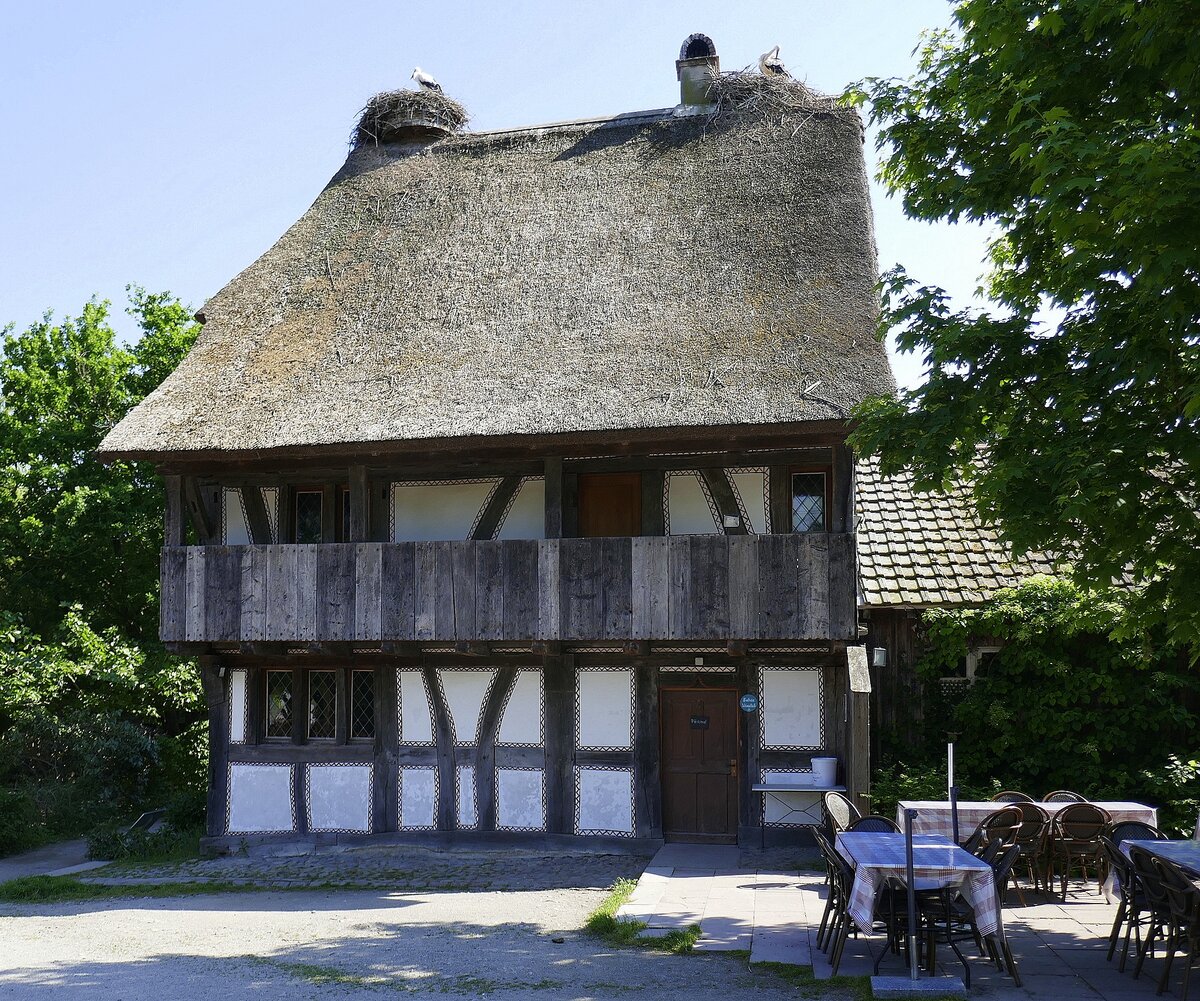 Ungersheim, ECO-Museum, Wohnteil eines Bauernhofes aus dem Sundgau von 1564, 1989 abgebaut und ins Museum versetzt, Mai 2025