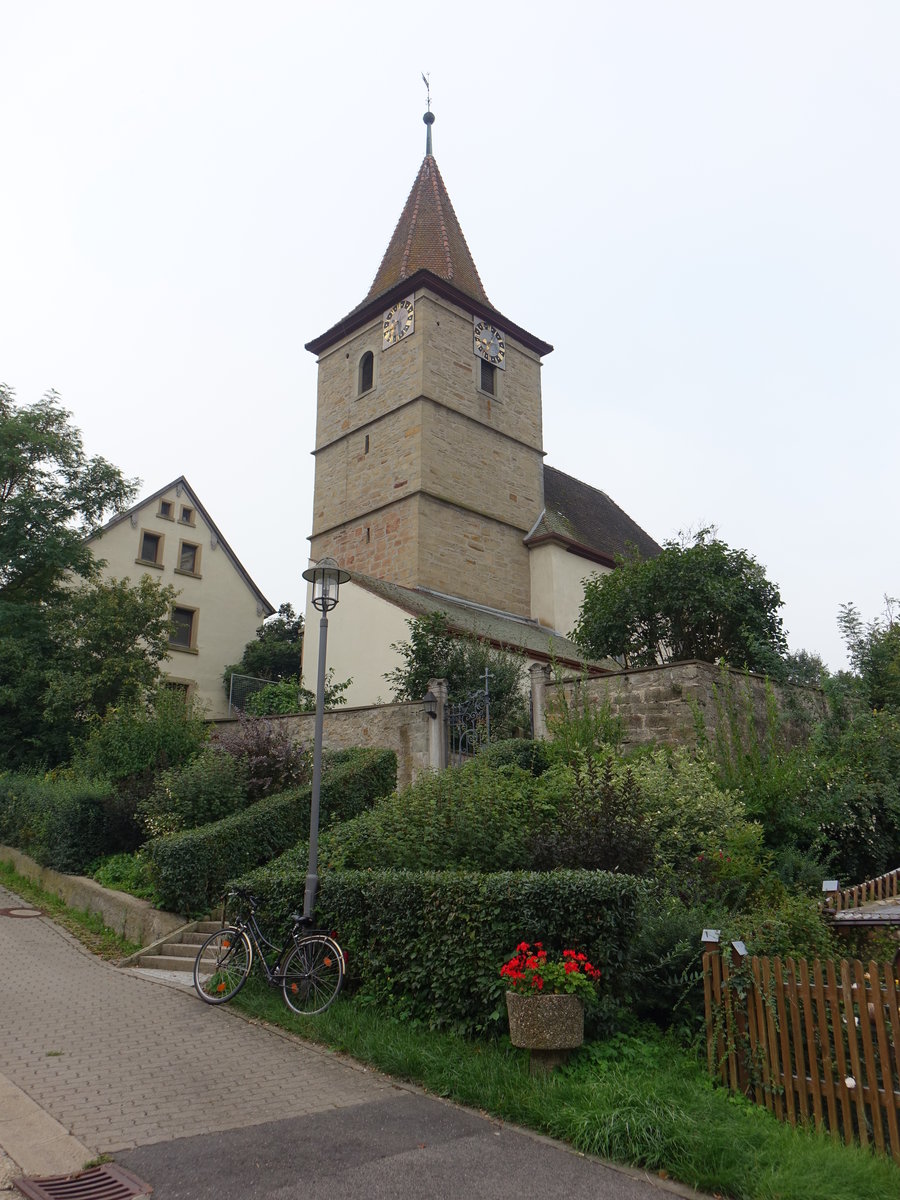 Unterickelsheim, ev. luth. Pfarrkirche St. Nikolaus, Chorturmkirche, erbaut im 13. Jahrhundert, erweitert 1759 (27.08.2017)