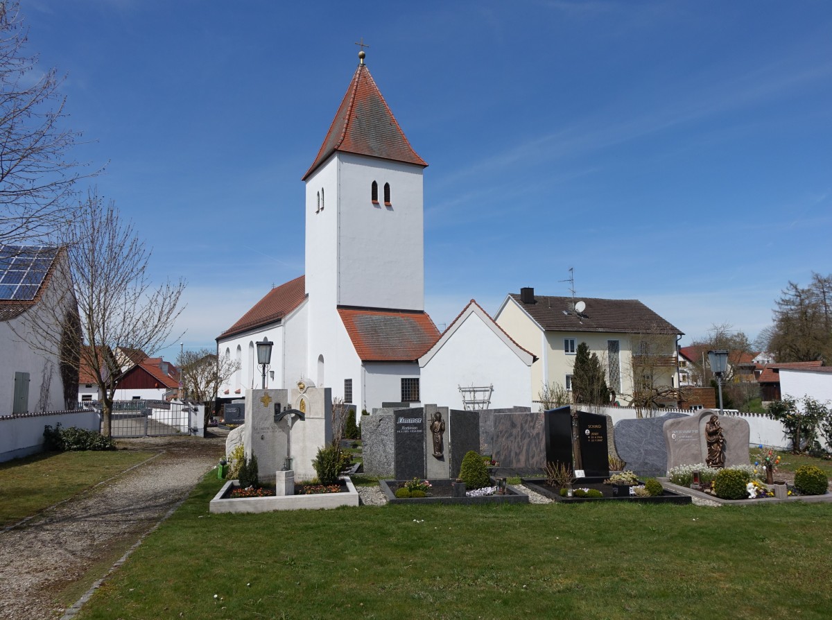 Unterweilenbach, Pfarrkirche Unsere Liebe Frau, Turm romanisch, erbaut im 14. Jahrhundert (15.04.2015)