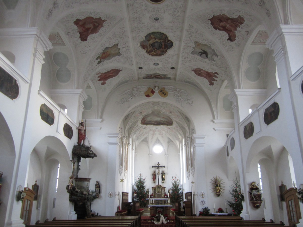 Uttenweiler, St. Simon und Judas Kirche, 1910 neobarocke Stuckierungen und Deckengemlde von Pfister (24.12.2013)