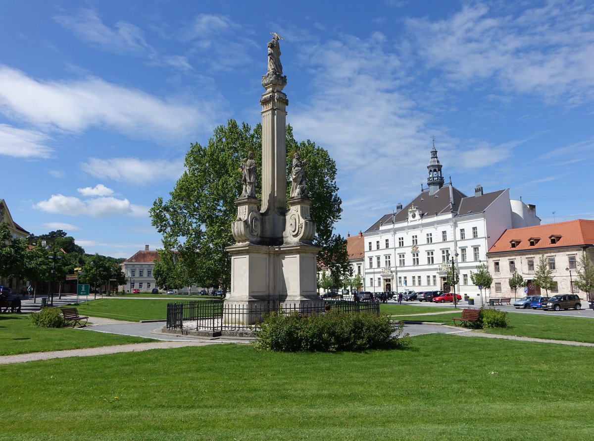 Valtice, Dreifaltigkeitssule und Rathaus am Namesti Svobody (31.05.2019)