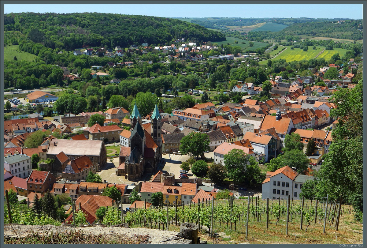 Vom Schlifterweinberg bietet sich ein schner Blick auf das Winzerstdtchen Freyburg. Zu sehen ist das historische Stadtzentrum mit der St. Marien-Kirche und dem Rathaus sowie den Resten der Stadtbefestigung. (01.06.2020)