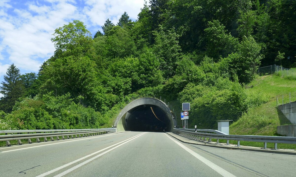 Waldkirch, das Westportal des Hugenwaldtunnels, die 1135m lange Umgehung der B294 entlastet die Stadt tglich von ber 20.000 Fahrzeugen und wurde von 1980-85 erbaut, Juli 2022