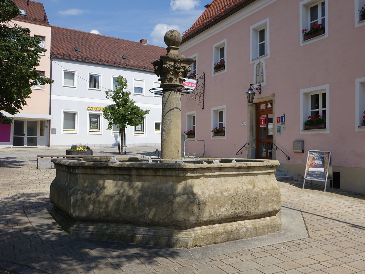 Waldmnchen, sptbarocker oberer Stadtbrunnen, achteckiges Becken mit korinthischer Brunnensule, erbaut 1776 (03.06.2017)