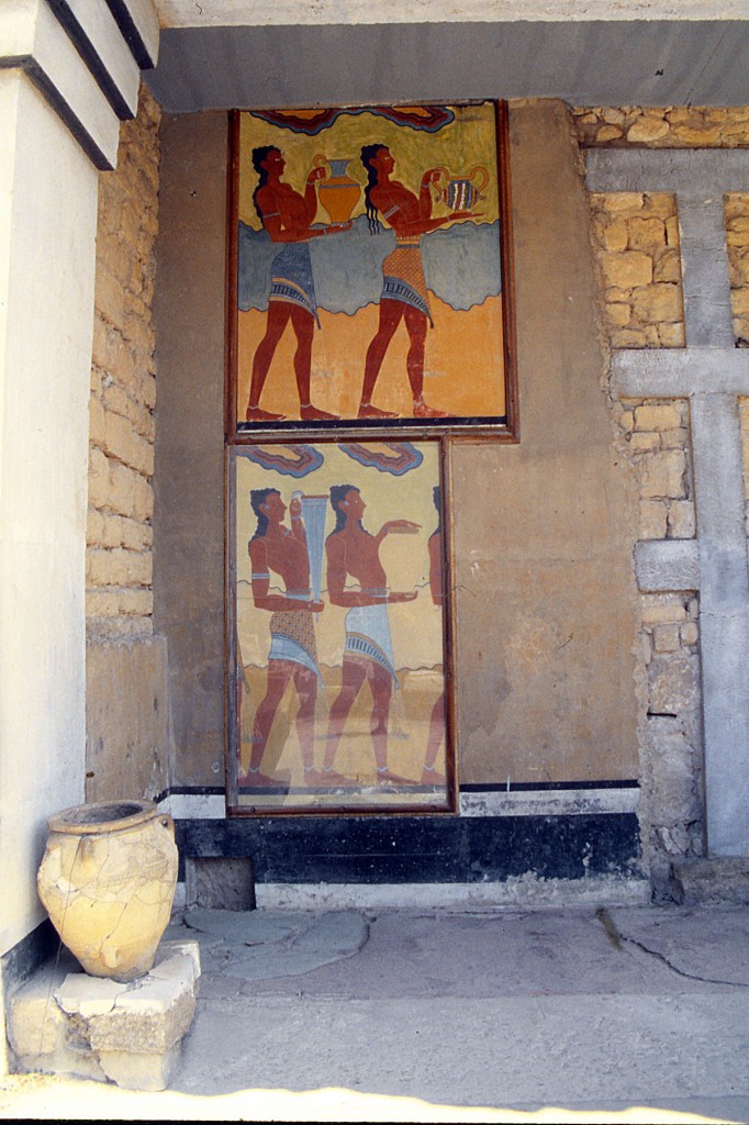 Wandmalerei in Knossos auf Kreta. Aufnahme: April 1999 (Bild vom Dia).