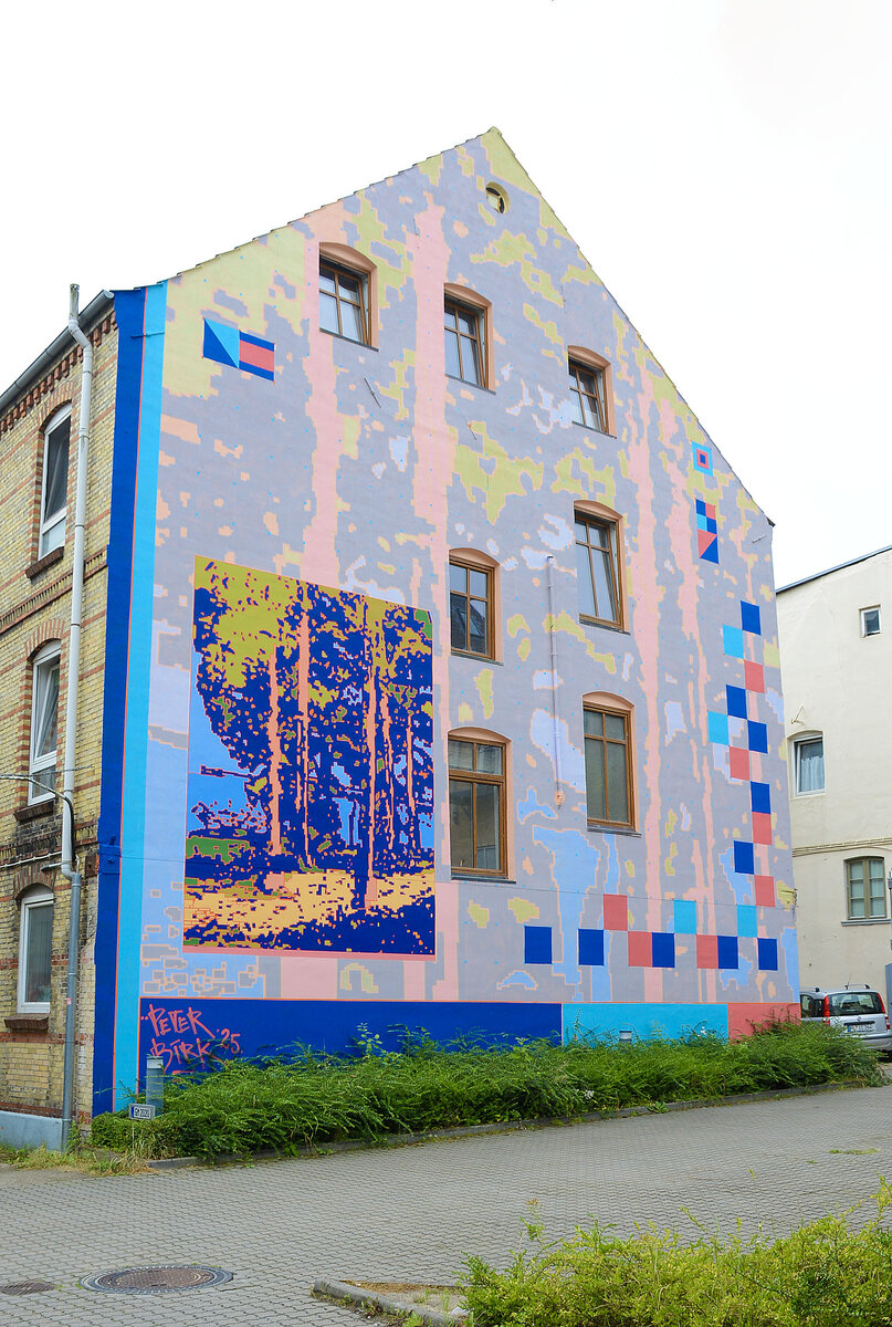 Wandmaleriei im Innenhof der Gro�en Stra�e 50 in Flensburg. F�r sein Projekt arbeitete der D�ne Peter Birk mit der Natur Flensburgs und der maritimen Geschichte der Stadt. Die Wandmalerei ist ein Teil der Nord:Syd Freiraumgalerie Flensburg. Aufnahme: 26. Juli 2026.