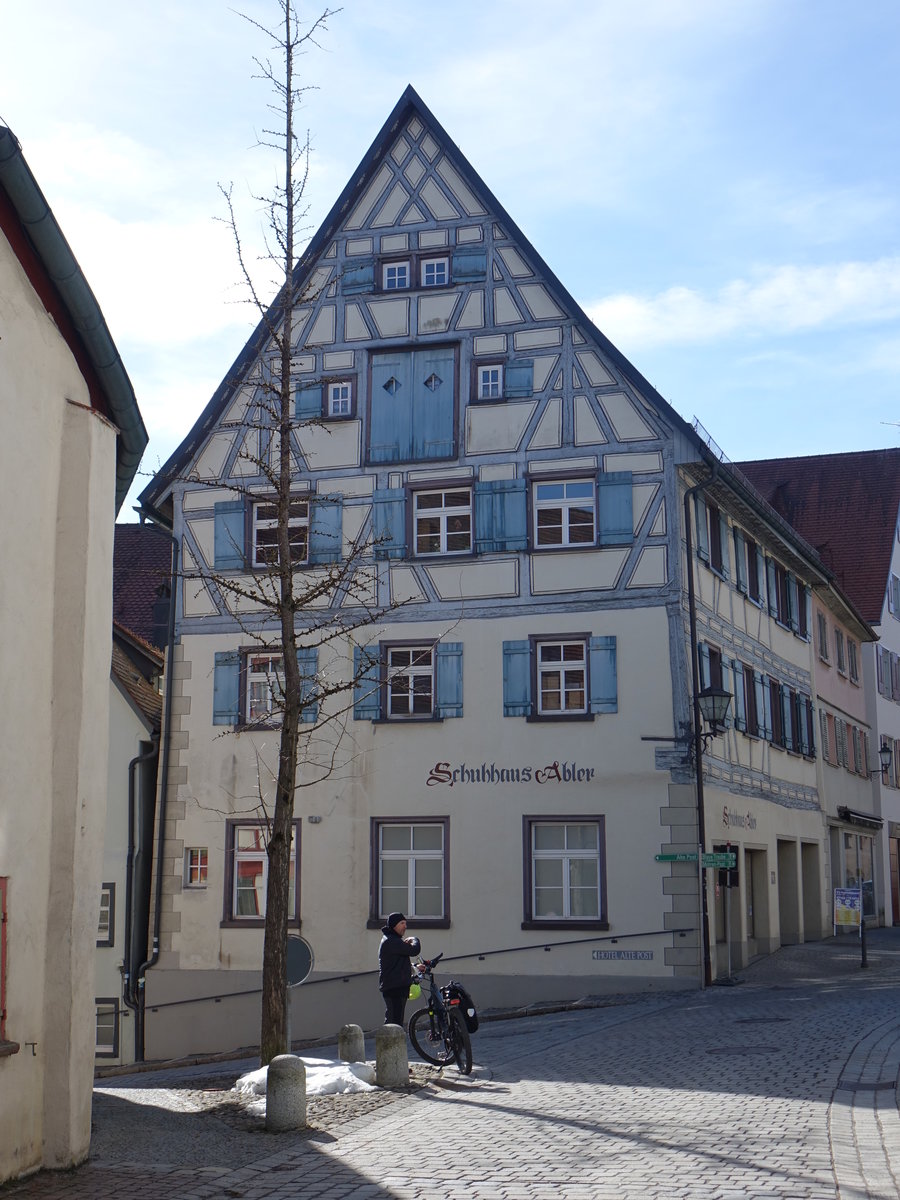 Wangen im Allgäu, Fachwerkhaus des Schuhhaus Abler in der Schmiedstraße (20.02.2021)