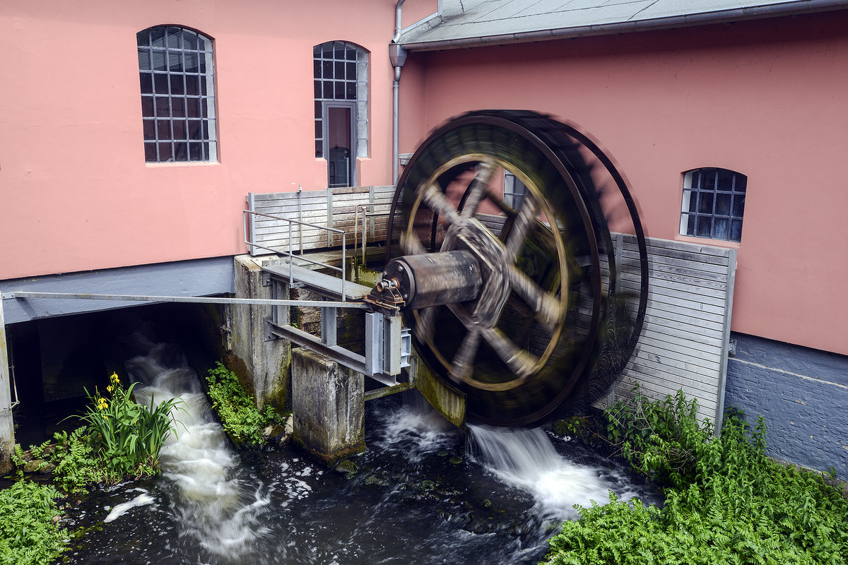 Wasserrad an der Kupfermhle in Gemeinde Harrislee an der deutsch-dnischen Grenze. ufnahme: 1. Juni 2019.