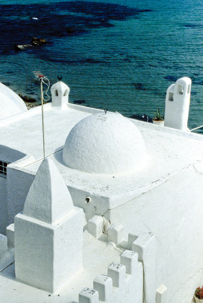 Weie Huser an der Bucht von Hammamet. Bild vom Dia. Aufnahme: Mrz 1997.