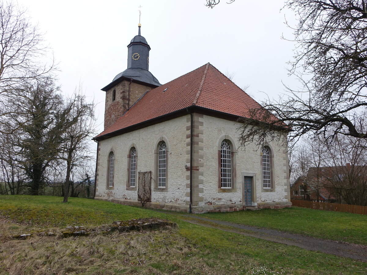 Weienborn, evangelische St. Nicolai Kirche mit mittelalterlichem Turm (18.03.2024)