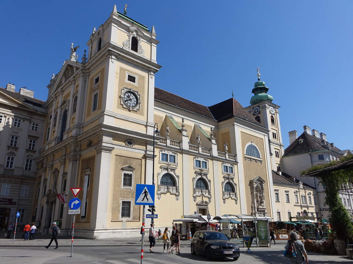 Wien, Schottenkirche, erbaut von 1638 bis 1648 durch die Baumeister Andrea Allio der ltere, sein Vetter Andrea Allio der Jngere und Silvestro Carlone (20.04.2019)