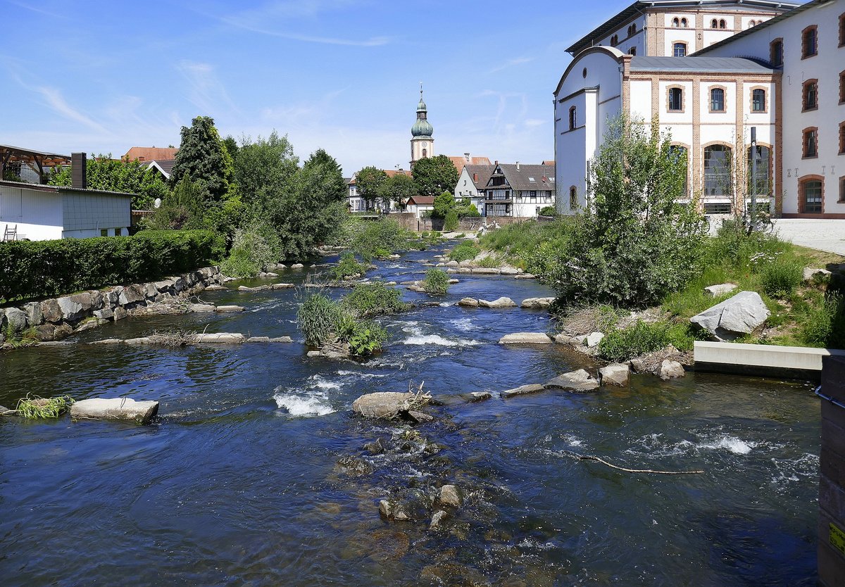 Willsttt, Blick vom Kinzigstauwehr in der Stadt fluabwrts, rechts die ehemalige Mhle, jetzt Rathaus, Mai 2020