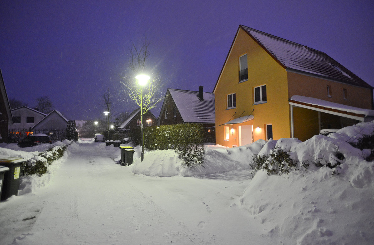 Winterfoto von Kleiner-Fuchs-Hof in der Gartenstadt-Weiche in Flensburg. Aufnahme: 1. Mrz 2018.