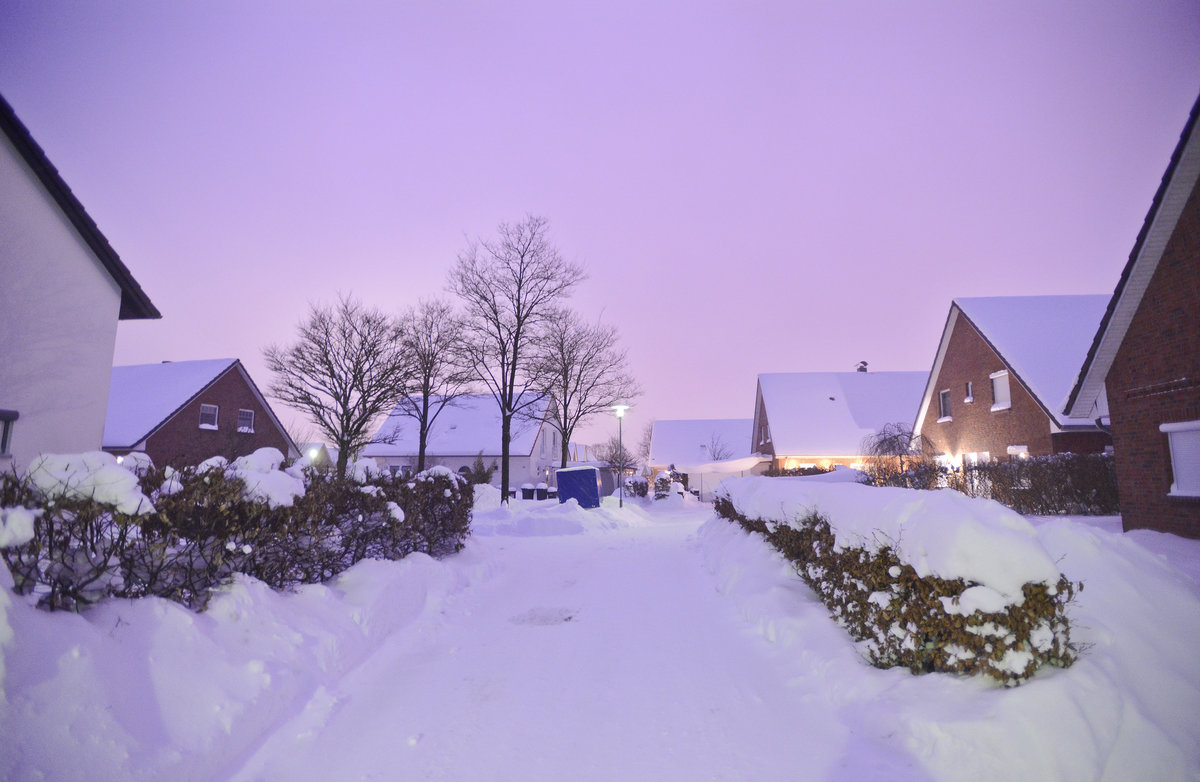 Winterfoto von Kleiner-Fuchs-Hof in der Gartenstadt-Weiche in Flensburg. Aufnahme: 1. Mrz 2018.