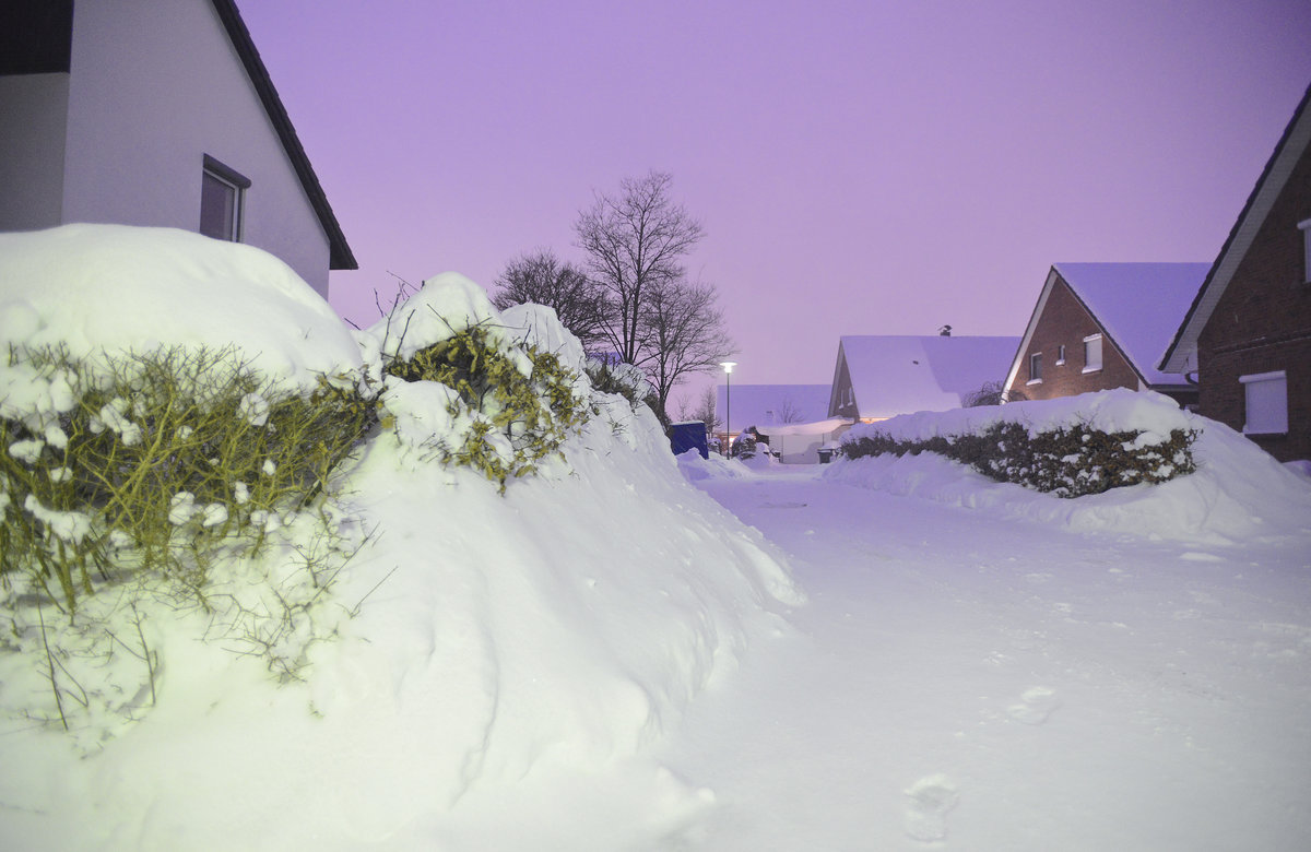 Winterfoto von Kleiner-Fuchs-Hof in der Gartenstadt-Weiche in Flensburg. Aufnahme: 1. Mrz 2018.