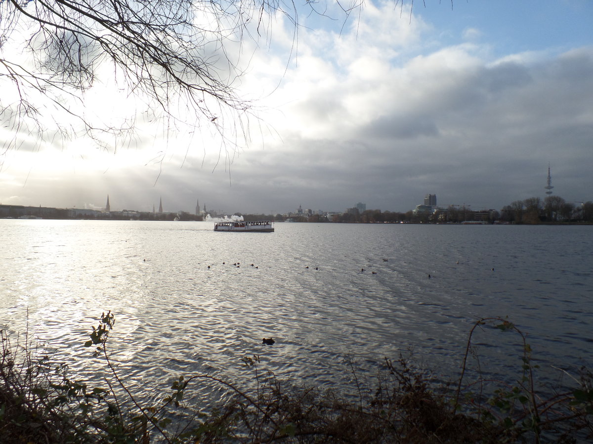 Winterliches Hamburg am 28.12.2016: Auenalster, Blick zur Innenstadt /