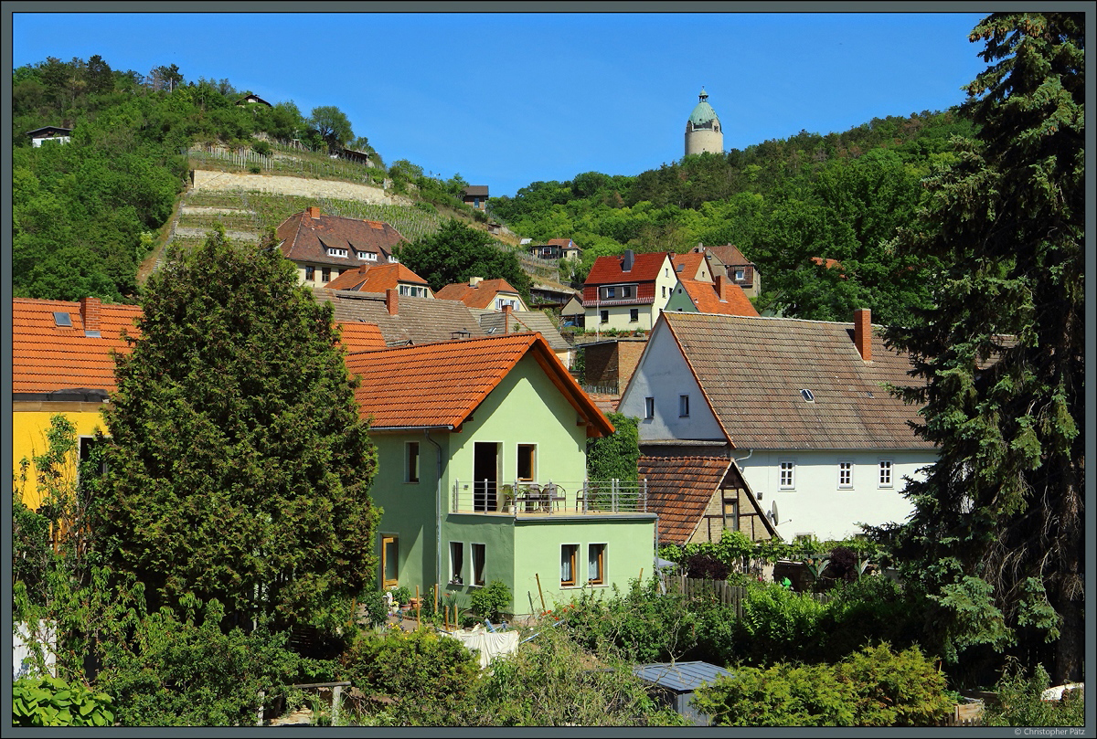 Wohnhuser in Freyburg an der Unstrut. Im Hintergrund ist der  Dicke Wilhelm , Bergfried der Neuenburg zu sehen. (01.06.2020)