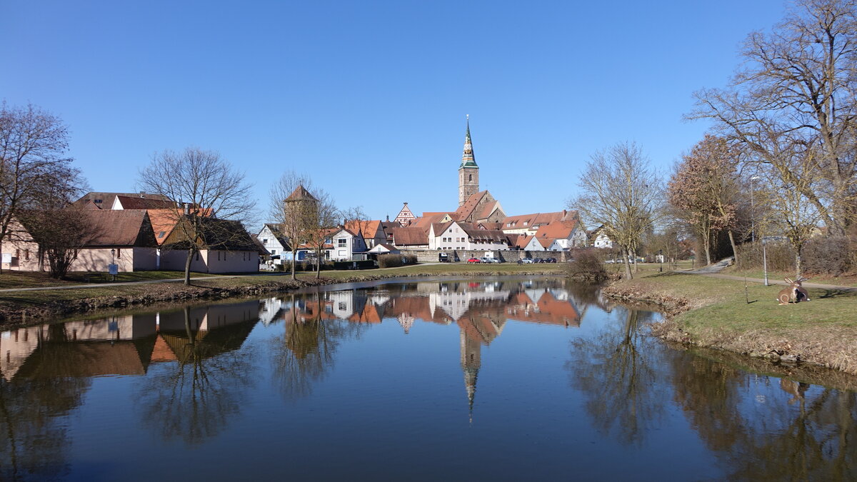 Wolframs-Eschenbach, Blick ber den Schieweiher auf die Altstadt mit Liebfrauenmnster (07.03.2021)