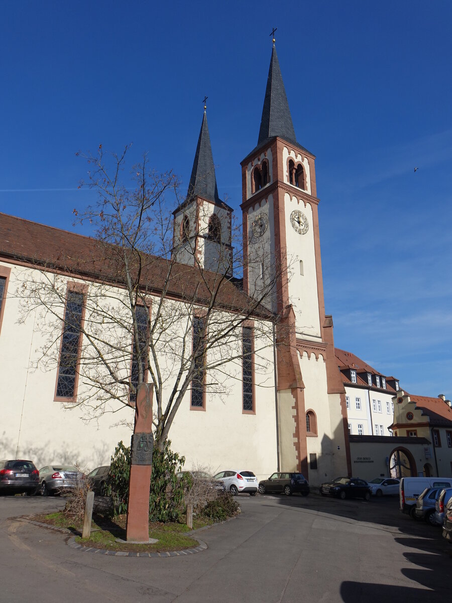 Wrzburg, Don Bosco Kirche oder Schottenkirche St. Jakob, erbaut ab 1146, Wiederaufbau bis 1956 durch den Dombaumeister Albert Bolet (21.02.2021)