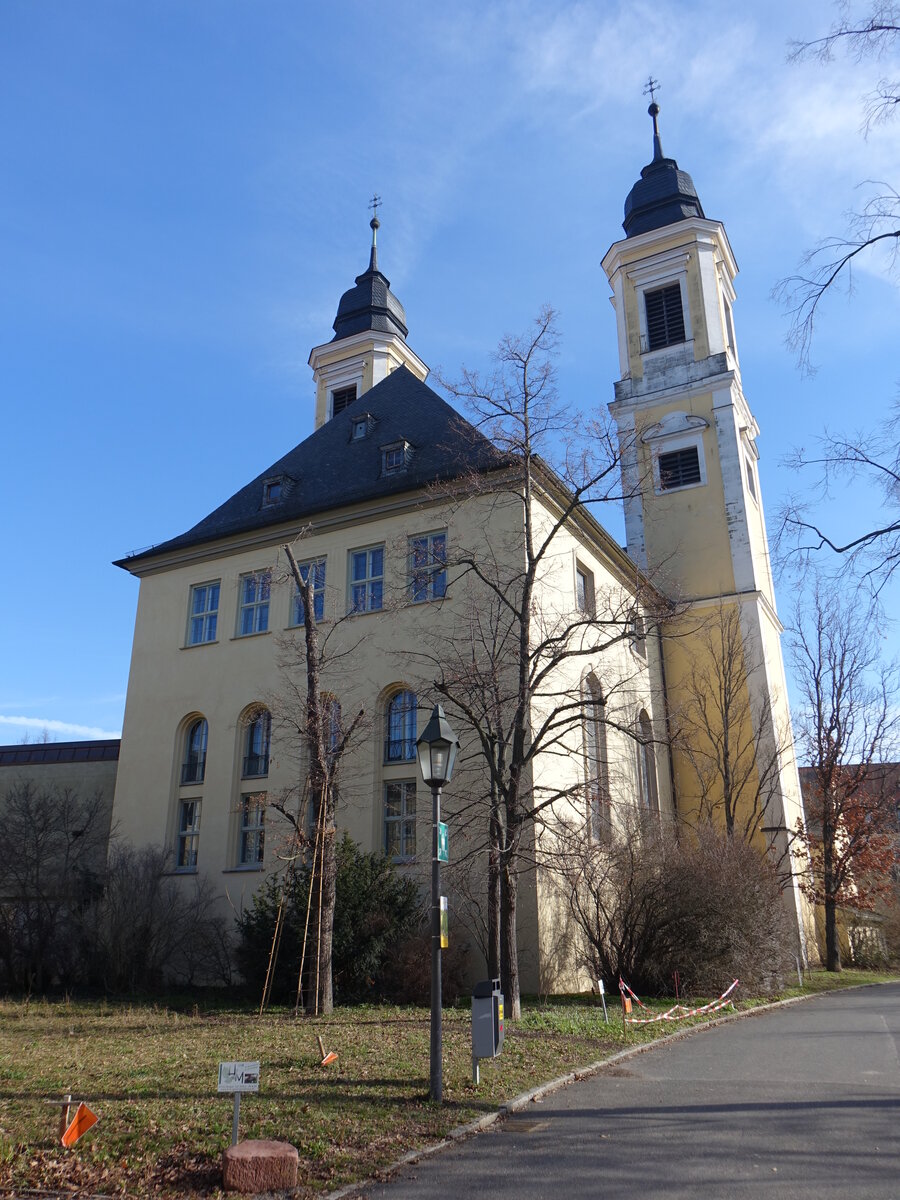 Wrzburg, Ev. Pfarrkirche St. Stephan, ehem. Benediktinerklosterkirche, erbaut bis 1789 durch Johann Philipp Geigel, Neubau von 1949 bis 1955 als flachgedeckter Saalbau  (21.02.2021)