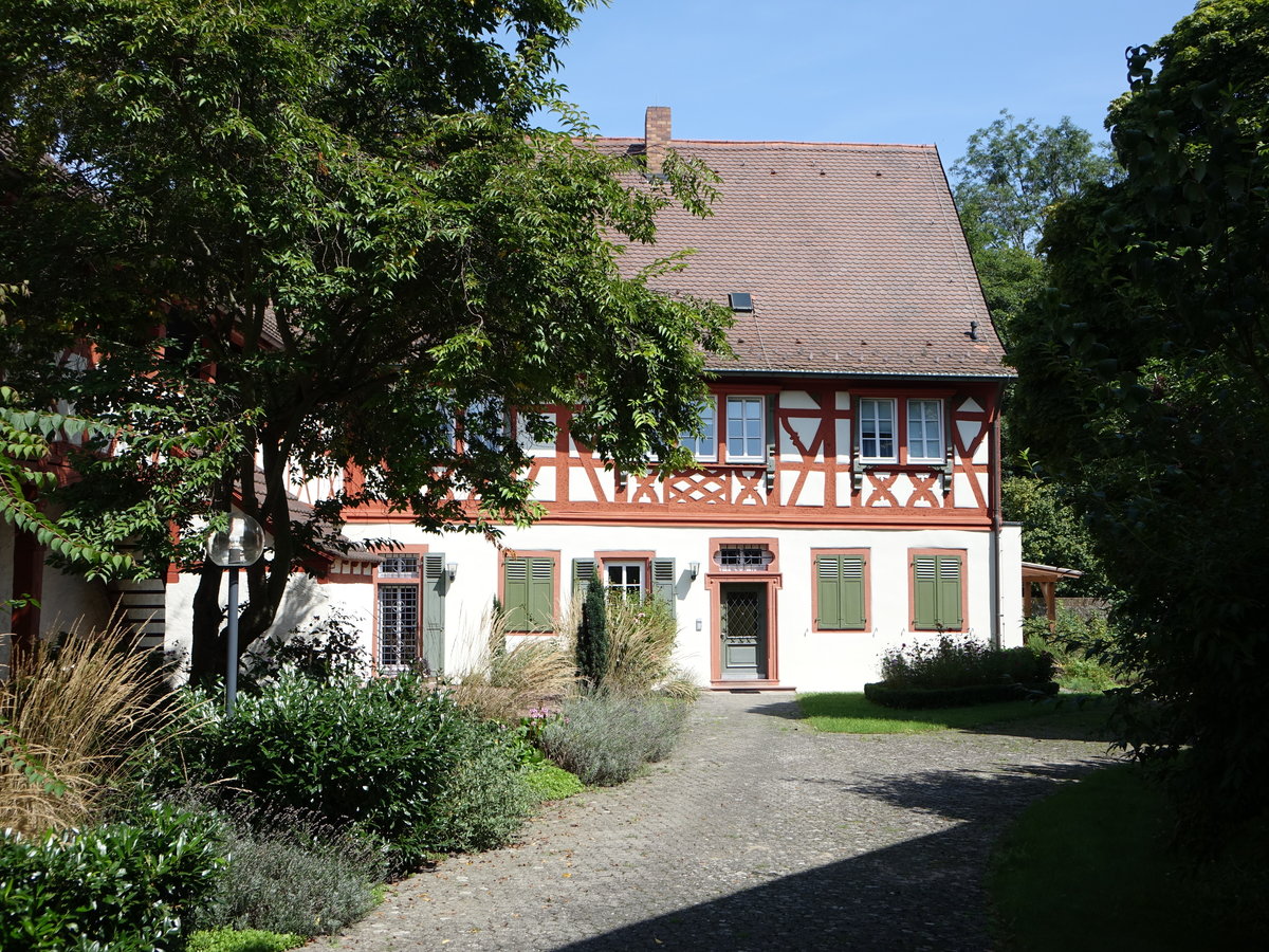 Zellingen, Pfarrhaus, zweigeschossiges Satteldachhaus mit Zierfachwerkobergeschoss, erbaut im 17. Jahrhundert (15.08.2017)