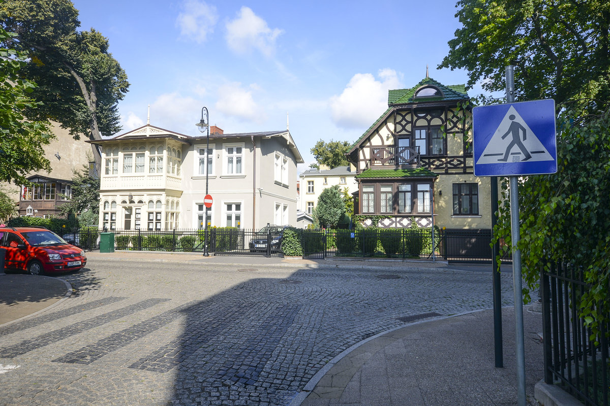 Zoppot / Sopot. Huser im Ortsteil Sopot Dolny. Aufnahme: 14. August 2019.